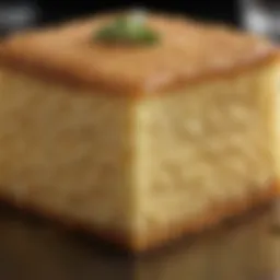 A close-up view of golden Passover sponge cake, showcasing its airy texture