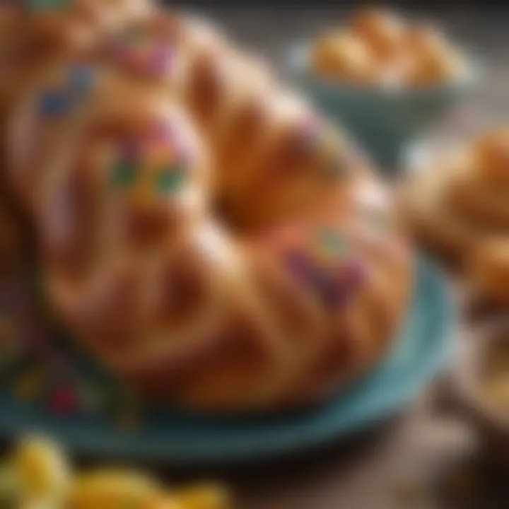 A beautifully braided Portuguese Easter bread adorned with colorful decorations