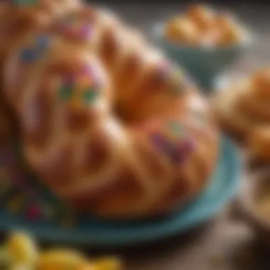 Braided Portuguese Easter Bread A beautifully braided Portuguese Easter bread adorned with colorful decorations