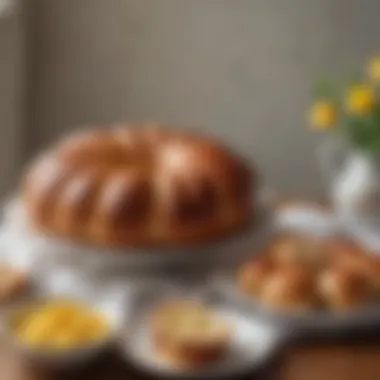 A festive table setting featuring Portuguese Easter bread during a celebration