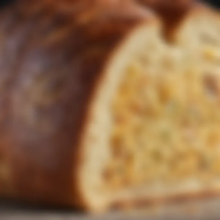 Close-up of a slice of Portuguese Easter bread showcasing its texture and flavor