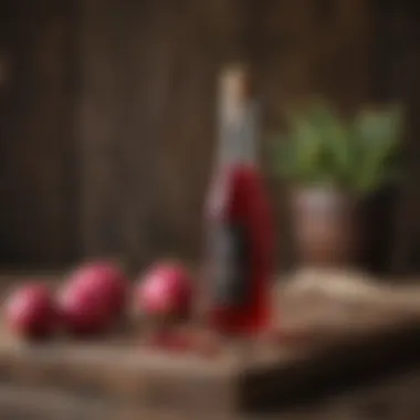Elegant Presentation of Prickly Pear Syrup A luxurious bottle of prickly pear syrup elegantly placed on a rustic wooden table.
