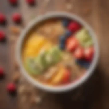 A close-up of a smoothie bowl topped with fresh fruits and nuts