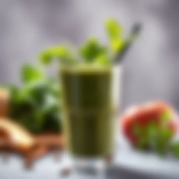 A nutrient-packed raw veggie smoothie in a glass, garnished with greens