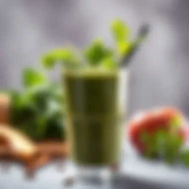 Nutrient-Rich Green Smoothie A nutrient-packed raw veggie smoothie in a glass, garnished with greens