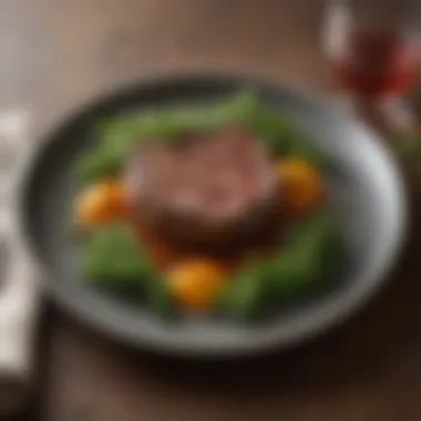 Elegant Round Steak Presentation An elegant table setting featuring a round steak dish garnished with fresh herbs