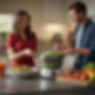 User interacting with a salad spinner in a vibrant kitchen setting