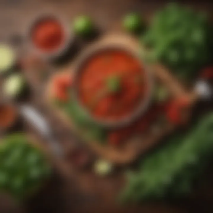 Fresh herbs and spices laid out on a wooden table