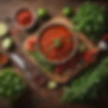 Fresh Ingredients for Salsa Fresh herbs and spices laid out on a wooden table