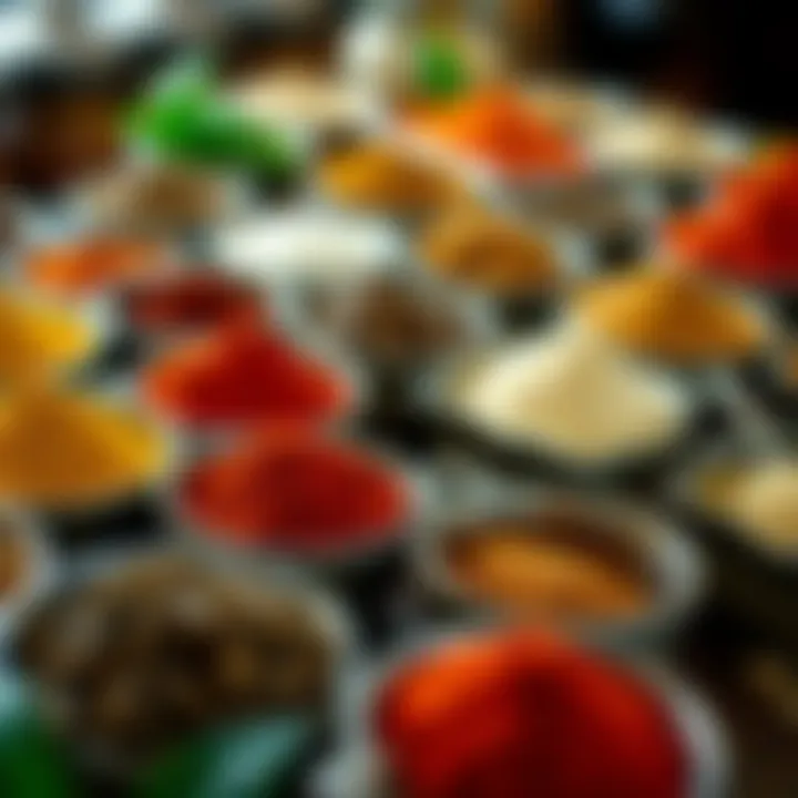 A colorful display of various spices in bowls