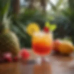 Refreshing Malibu cocktail garnished with tropical fruits