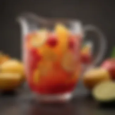 A clear pitcher filled with a refreshing fruit punch blend