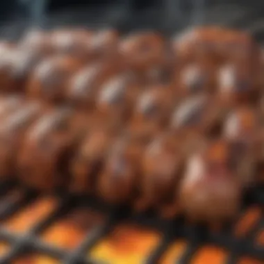 A close-up of smokey links sizzling on a grill, showcasing their enticing texture.