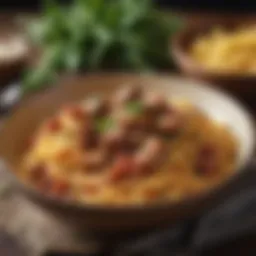 A rustic bowl of spaghetti adorned with Italian sausage garnished with herbs