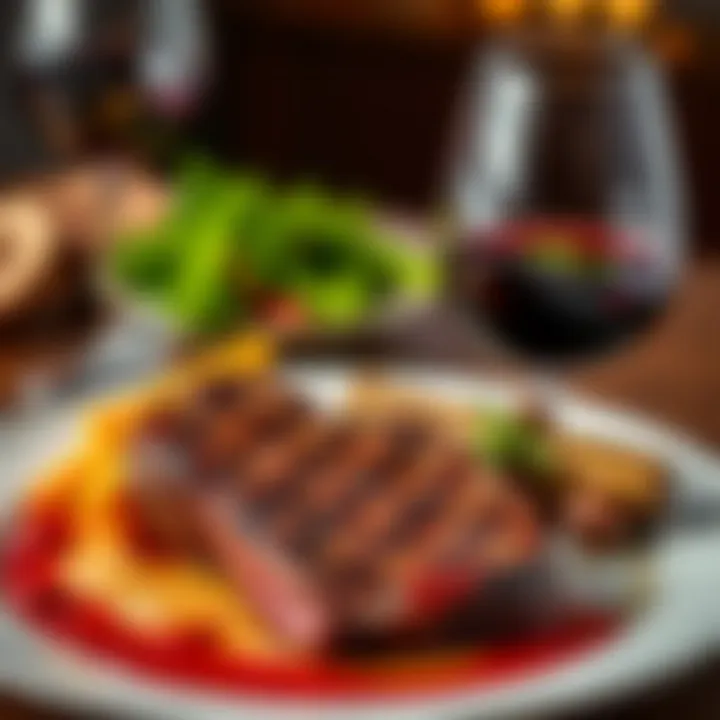 A gourmet steak dinner plate alongside a glass of red wine