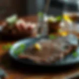 A perfectly grilled steak served on a plate with garnishes