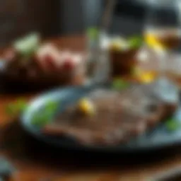 A perfectly grilled steak served on a plate with garnishes