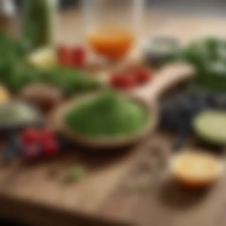 Close-up of superfood ingredients on a wooden table