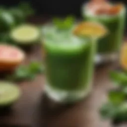 Vibrant green detox drink in a glass surrounded by fresh ingredients