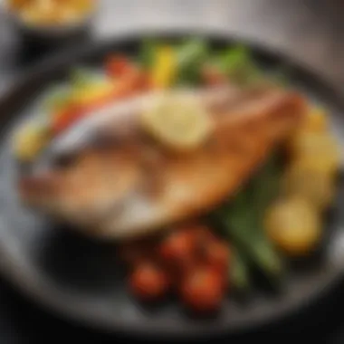 Grilled Fish with Fresh Vegetables A beautifully plated dish featuring grilled fish and fresh vegetables.