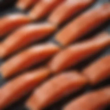 A close-up of fresh Ora King Salmon fillets showcasing the marbling