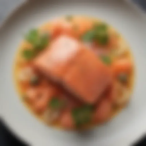 A beautifully plated dish featuring Ora King Salmon with garnishes