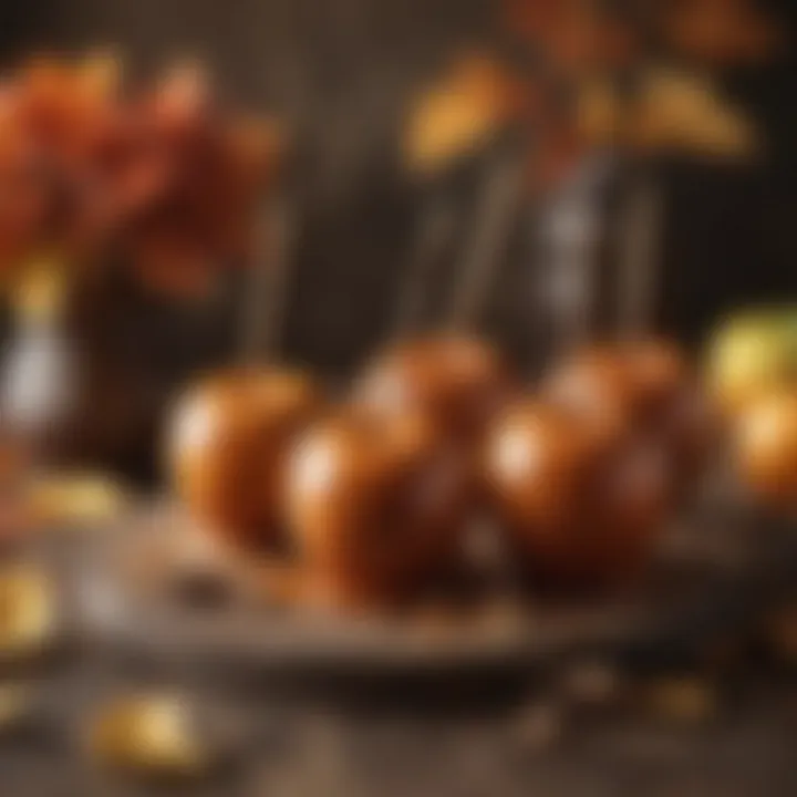 A vibrant autumn scene featuring caramel apples on sticks, with leaves and rustic decor in the background.