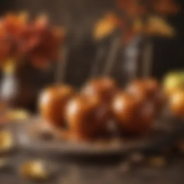 Charming Autumnal Caramel Apples A vibrant autumn scene featuring caramel apples on sticks, with leaves and rustic decor in the background.
