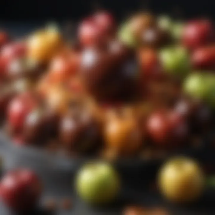 A variety of caramel and chocolate apples adorned with colorful toppings, placed on a decorative platter.