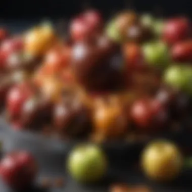 Artful Assembly of Tantalizing Apples A variety of caramel and chocolate apples adorned with colorful toppings, placed on a decorative platter.