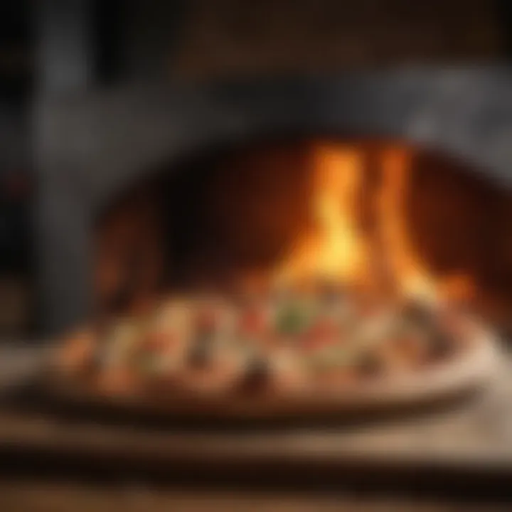 A perfectly baked fire oven pizza, showcasing melted cheese and vibrant toppings.