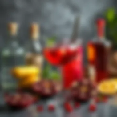 Variety of Cocktail Ingredients A variety of cocktail ingredients including pomegranate juice and mixers