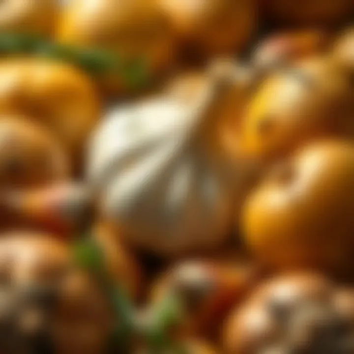 Close-up of garlic cloves surrounded by fresh potatoes