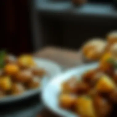 A beautifully arranged plate of roasted potatoes garnished with herbs