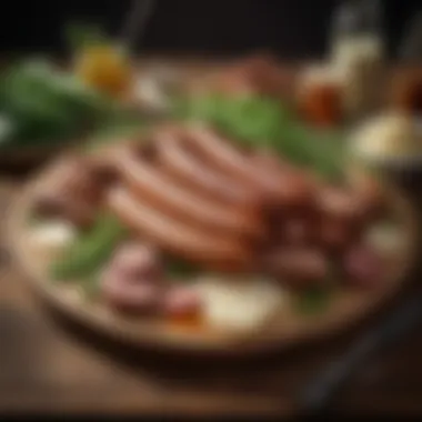 An array of sausages presented on a wooden platter with herbs