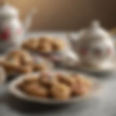 A whimsical tea set paired with beautifully crafted cookies under soft lighting