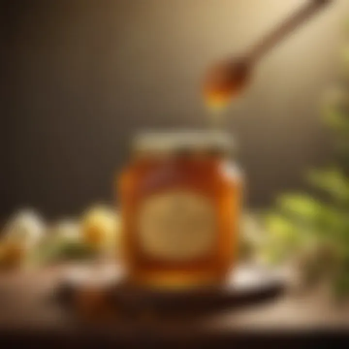 Golden jar of authentic Manuka honey with a honey dipper