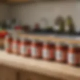 Artisan canned tomato sauce varieties lined up on a kitchen counter