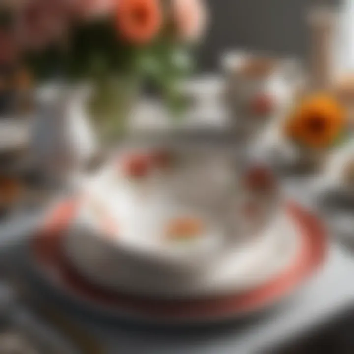 Elegant farmhouse dinnerware with floral designs arranged elegantly