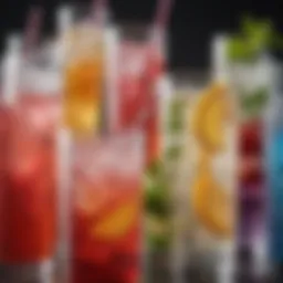 A variety of flavored soda waters displayed elegantly in glasses with vibrant colors.