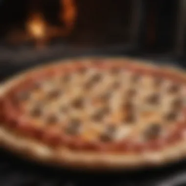 Close-up of a perfectly cooked pizza in a freestanding oven