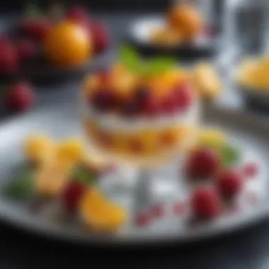 An elegant dessert featuring a fruit compote and delicate garnishes