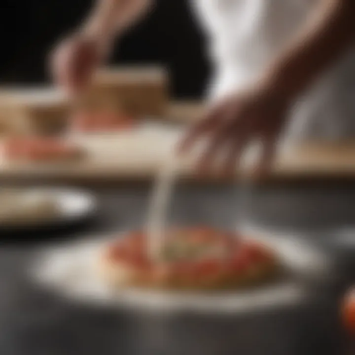 Chef sprinkling flour on a surface for pizza preparation