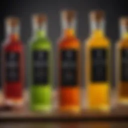 A selection of frying oils in elegant glass bottles with labels.