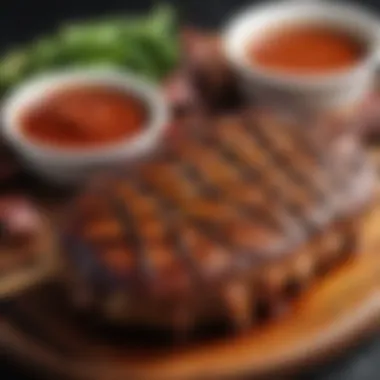 Grilled Perfection with Spicy BBQ Sauce Grilled meats beautifully glazed with spicy BBQ sauce on a wooden platter