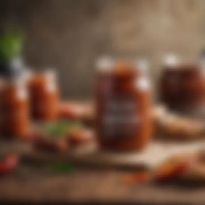 An artistic display of homemade spicy BBQ sauce in a jar with a barbecue setting