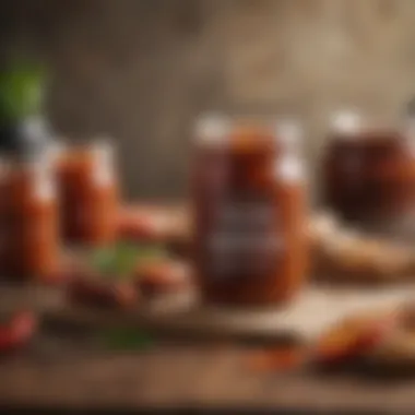 Homemade Spicy BBQ Sauce Showcase An artistic display of homemade spicy BBQ sauce in a jar with a barbecue setting