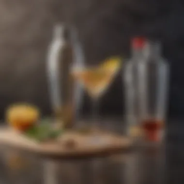 A vintage cocktail shaker with vodka and vermouth ingredients