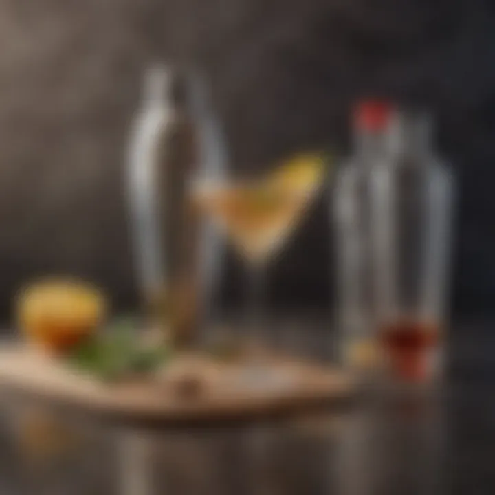A vintage cocktail shaker with vodka and vermouth ingredients