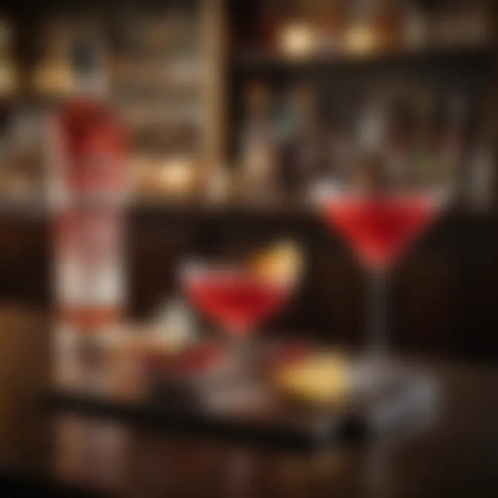 An elegant bar setup featuring the Cosmopolitan alongside gourmet appetizers, creating a refined atmosphere.